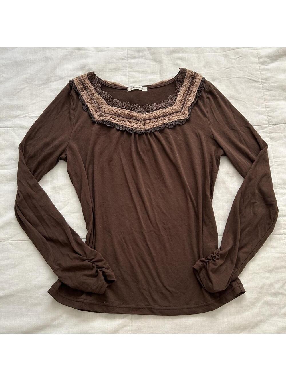 Axes Femme Brown Pearl Lace Bow Back Top Size M Japan